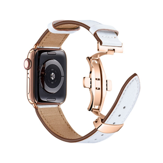 Butterfly Buckle Genuine Leather Watch Band For Apple Watch Ultra 49mm&Watch Ultra 2 49mm / Series 9&8&7 45mm / SE 3&SE 2&6&SE&5&4 44mm / 3&2&1 42mm(White+Rose Gold Buckle) by buy2fix