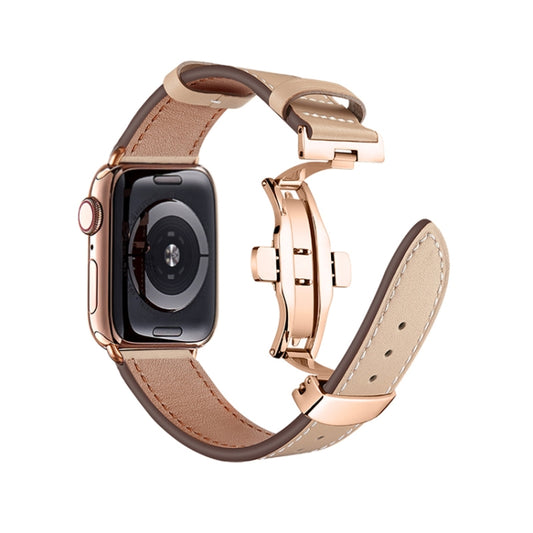 Butterfly Buckle Genuine Leather Watch Band For Apple Watch Ultra 49mm&Watch Ultra 2 49mm / Series 9&8&7 45mm / SE 3&SE 2&6&SE&5&4 44mm / 3&2&1 42mm(Apricot+Rose Gold Buckle) by buy2fix