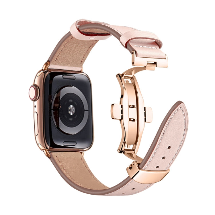 Butterfly Buckle Genuine Leather Watch Band For Apple Watch Ultra 49mm&Watch Ultra 2 49mm / Series 9&8&7 45mm / SE 3&SE 2&6&SE&5&4 44mm / 3&2&1 42mm(Light Pink+Rose Gold Buckle) - Watch Bands by buy2fix | Online Shopping UK | buy2fix
