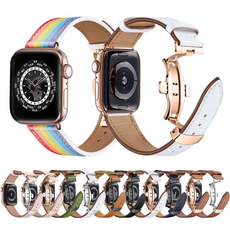 Butterfly Buckle Genuine Leather Watch Band For Apple Watch Ultra 49mm&Watch Ultra 2 49mm / Series 9&8&7 45mm / SE 3&SE 2&6&SE&5&4 44mm / 3&2&1 42mm(Blue-Brown+Black Buckle) - Watch Bands by buy2fix | Online Shopping UK | buy2fix