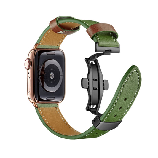 Butterfly Buckle Genuine Leather Watch Band For Apple Watch Series 9&8&7 41mm / SE 3&SE 2&6&SE&5&4 40mm / 3&2&1 38mm(Green+Black Buckle) by buy2fix