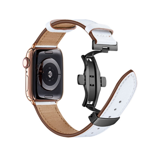 Butterfly Buckle Genuine Leather Watch Band For Apple Watch Series 9&8&7 41mm / SE 3&SE 2&6&SE&5&4 40mm / 3&2&1 38mm(White+Black Buckle) by buy2fix