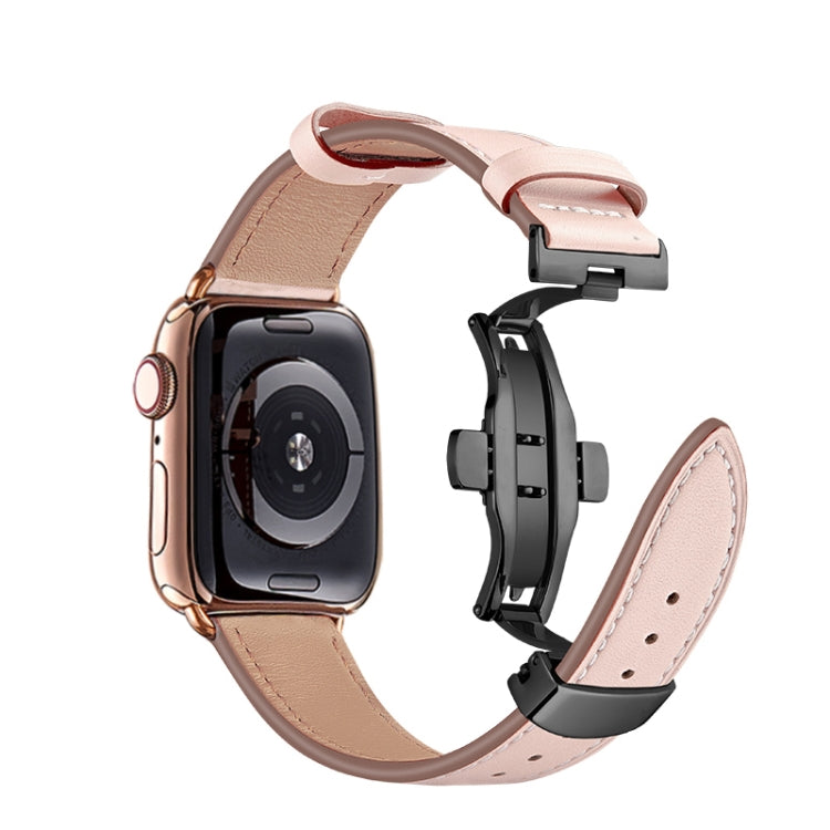Butterfly Buckle Genuine Leather Watch Band For Apple Watch Series 9&8&7 41mm / SE 3&SE 2&6&SE&5&4 40mm / 3&2&1 38mm(Light Pink+Black Buckle) - Watch Bands by buy2fix | Online Shopping UK | buy2fix