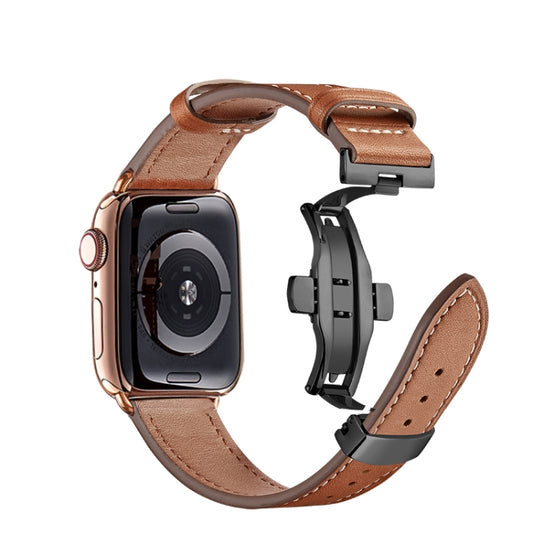 Butterfly Buckle Genuine Leather Watch Band For Apple Watch Series 9&8&7 41mm / SE 3&SE 2&6&SE&5&4 40mm / 3&2&1 38mm(Brown+Black Buckle) by buy2fix