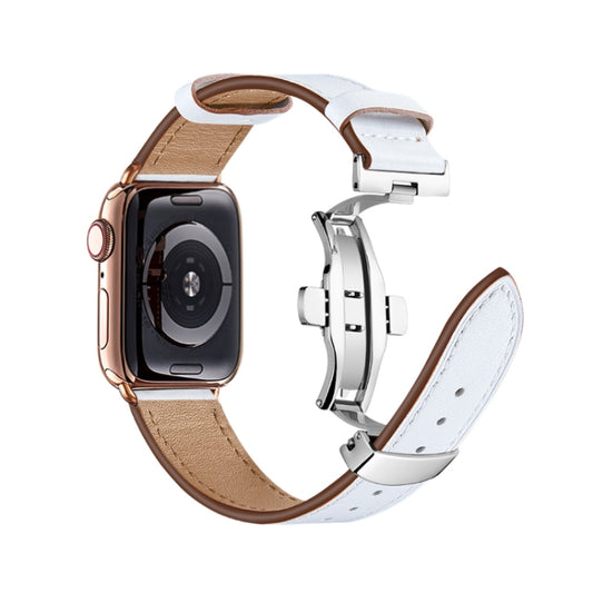 Butterfly Buckle Genuine Leather Watch Band For Apple Watch Series 9&8&7 41mm / SE 3&SE 2&6&SE&5&4 40mm / 3&2&1 38mm(White+Silver Buckle) by buy2fix