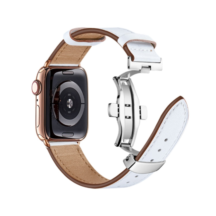 Butterfly Buckle Genuine Leather Watch Band For Apple Watch Series 9&8&7 41mm / SE 3&SE 2&6&SE&5&4 40mm / 3&2&1 38mm(Rainbow+Silver Buckle) - Watch Bands by buy2fix | Online Shopping UK | buy2fix