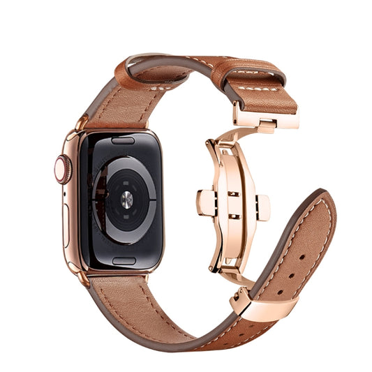 Butterfly Buckle Genuine Leather Watch Band For Apple Watch Series 9&8&7 41mm / SE 3&SE 2&6&SE&5&4 40mm / 3&2&1 38mm(Brown+Rose Gold Buckle) - Watch Bands by buy2fix | Online Shopping UK | buy2fix