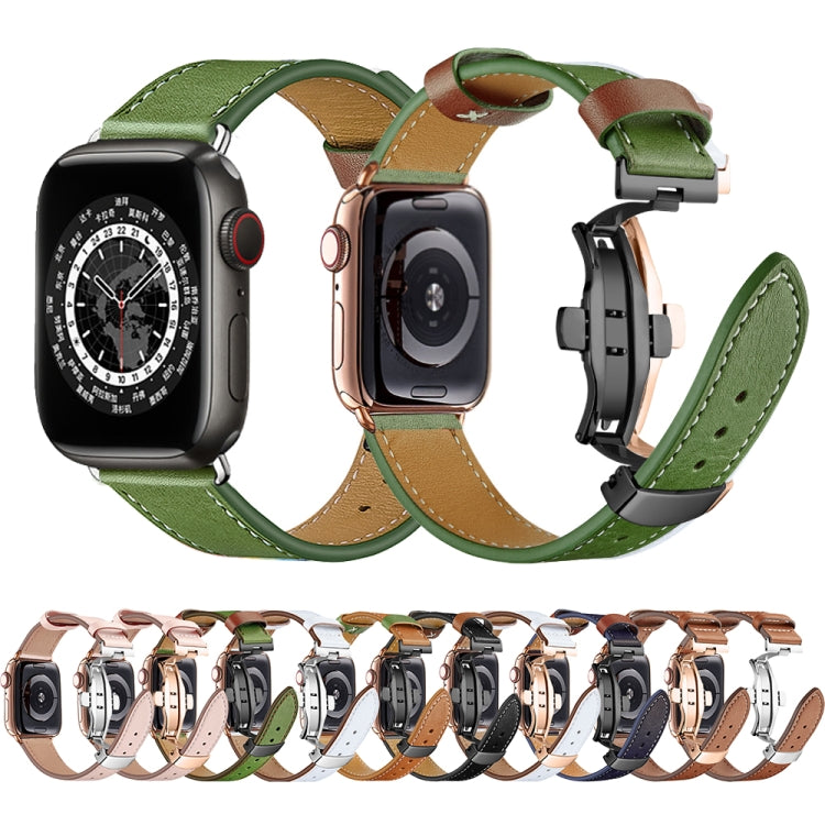 Butterfly Buckle Genuine Leather Watch Band For Apple Watch Series 9&8&7 41mm / SE 3&SE 2&6&SE&5&4 40mm / 3&2&1 38mm(Apricot+Rose Gold Buckle) - Watch Bands by buy2fix | Online Shopping UK | buy2fix