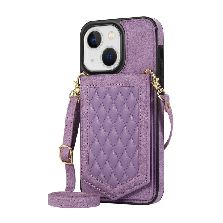 For iPhone 13 mini Rhombic Texture RFID Phone Case with Lanyard & Mirror(Purple) - iPhone 13 mini Cases by buy2fix | Online Shopping UK | buy2fix