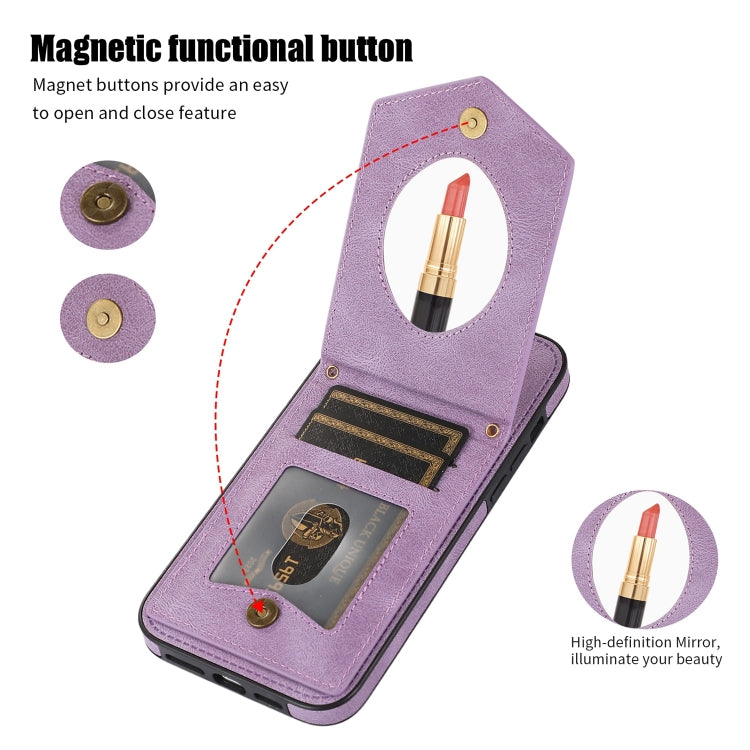For iPhone 13 mini Rhombic Texture RFID Phone Case with Lanyard & Mirror(Purple) - iPhone 13 mini Cases by buy2fix | Online Shopping UK | buy2fix