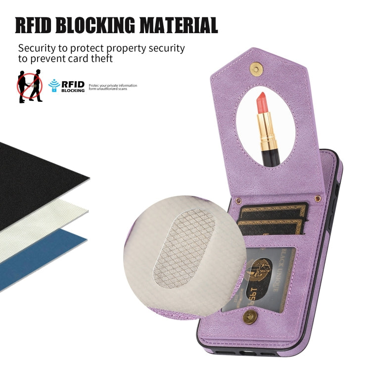 For iPhone 13 mini Rhombic Texture RFID Phone Case with Lanyard & Mirror(Purple) - iPhone 13 mini Cases by buy2fix | Online Shopping UK | buy2fix