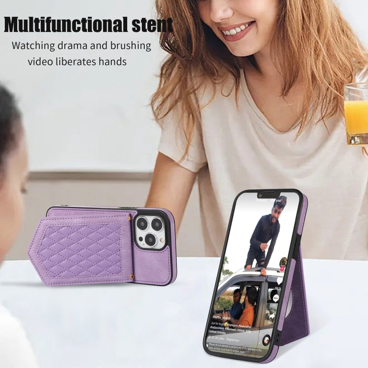 For iPhone 13 mini Rhombic Texture RFID Phone Case with Lanyard & Mirror(Purple) - iPhone 13 mini Cases by buy2fix | Online Shopping UK | buy2fix