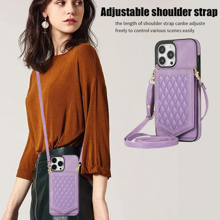For iPhone 13 mini Rhombic Texture RFID Phone Case with Lanyard & Mirror(Purple) - iPhone 13 mini Cases by buy2fix | Online Shopping UK | buy2fix