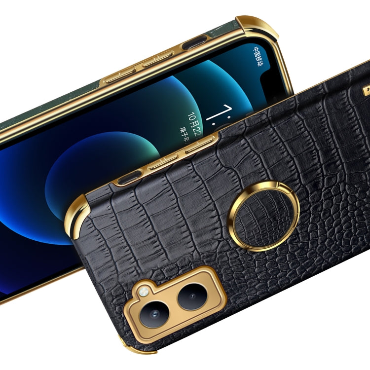 For Realme C33 6D Electroplating Crocodile Texture Phone Case With Holder(Brown) - Realme Cases by buy2fix | Online Shopping UK | buy2fix