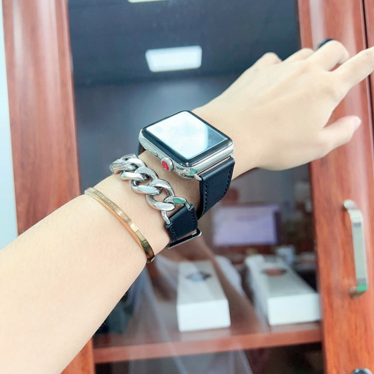 Double Loop Genuine Leather Stainless Steel Watch Band For Apple Watch Ultra 49mm&Watch Ultra 2 49mm / Series 9&8&7 45mm / SE 3&SE 2&6&SE&5&4 44mm / 3&2&1 42mm(Black) by buy2fix