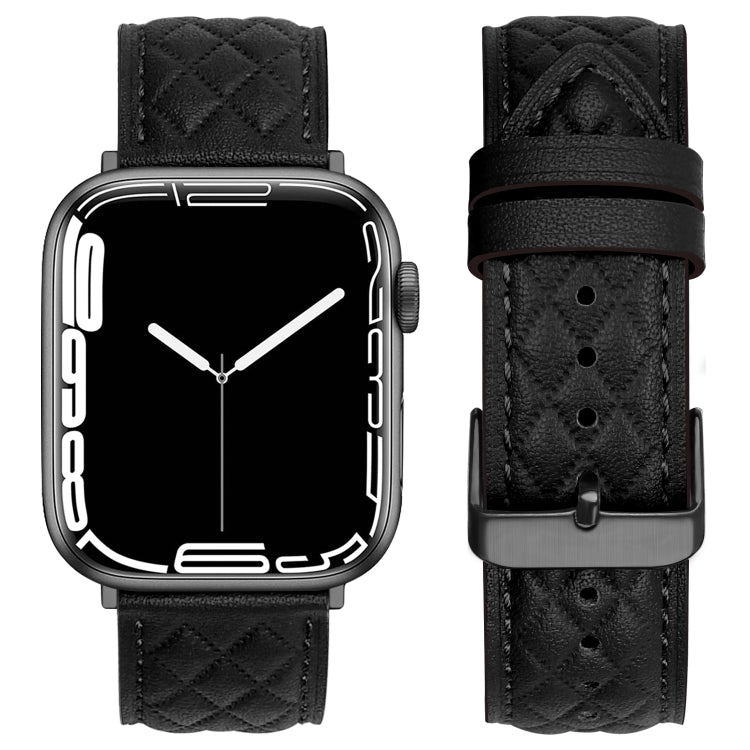 Rhombus Pattern Genuine Leather Watch Band For Apple Watch Series 9&8&7 41mm / SE 3&SE 2&6&SE&5&4 40mm / 3&2&1 38mm(Black) - Watch Bands by buy2fix | Online Shopping UK | buy2fix