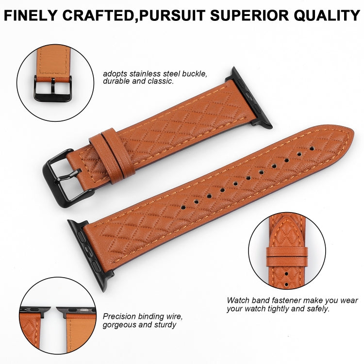 Rhombus Pattern Genuine Leather Watch Band For Apple Watch Series 9&8&7 41mm / SE 3&SE 2&6&SE&5&4 40mm / 3&2&1 38mm(Black) - Watch Bands by buy2fix | Online Shopping UK | buy2fix