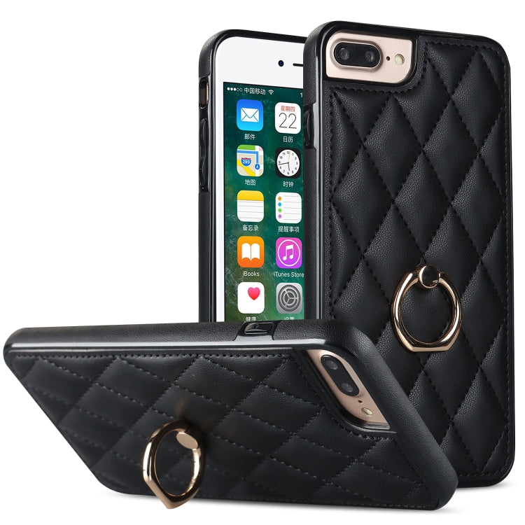 For iPhone 7 Plus / 8 Plus Rhombic PU Leather Phone Case with Ring Holder(Black) - More iPhone Cases by buy2fix | Online Shopping UK | buy2fix