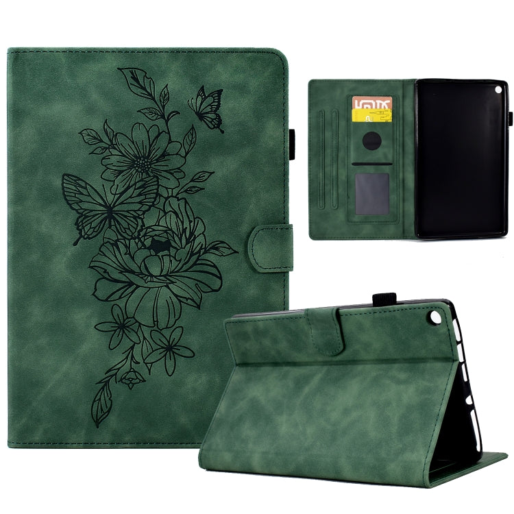 For Amazon Kindle Fire HD8 2018/2017/2016 Peony Butterfly Embossed Leather Smart Tablet Case(Green) - Amazon by buy2fix | Online Shopping UK | buy2fix
