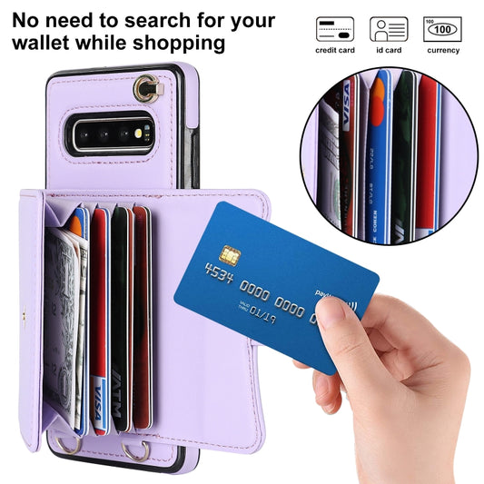 For Samsung Galaxy S10 RFID Card Slot Leather Phone Case with Long Lanyard(Purple) by buy2fix