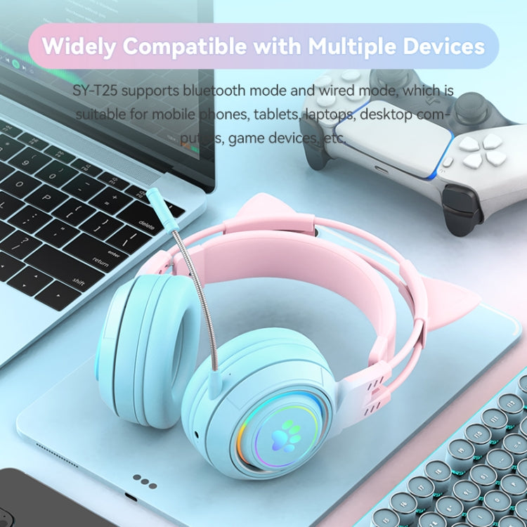 T25 RGB Stereo Cat Ear Bluetooth Wireless Headphones with Detachable Microphone(Pink+Blue) - Headset & Headphone by buy2fix | Online Shopping UK | buy2fix