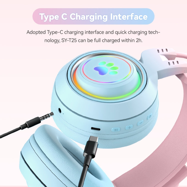 T25 RGB Stereo Cat Ear Bluetooth Wireless Headphones with Detachable Microphone(Pink+Blue) - Headset & Headphone by buy2fix | Online Shopping UK | buy2fix