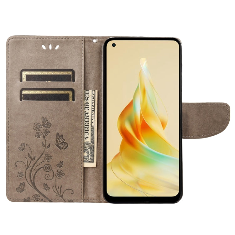 For OPPO Reno8 T 4G Butterfly Flower Pattern Leather Phone Case(Grey) - OPPO Cases by buy2fix | Online Shopping UK | buy2fix