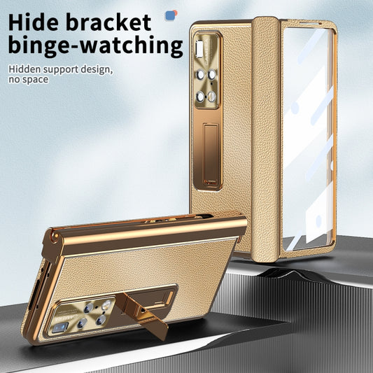 For Huawei Mate X2 Litchi Pattern Magnetic Shell Film Integrated Shockproof Phone Case(Gold) by buy2fix