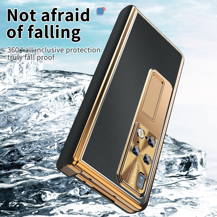 For Huawei Mate X2 Litchi Pattern Magnetic Shell Film Integrated Shockproof Phone Case(Black Gold) by buy2fix