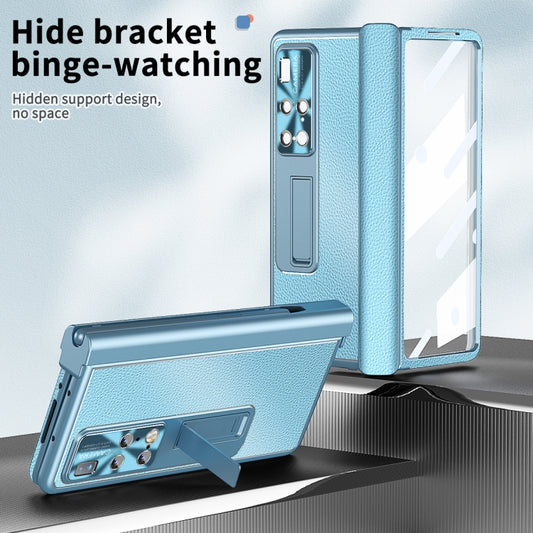 For Huawei Mate X2 Litchi Pattern Magnetic Shell Film Integrated Shockproof Phone Case(Far Peak Blue) by buy2fix