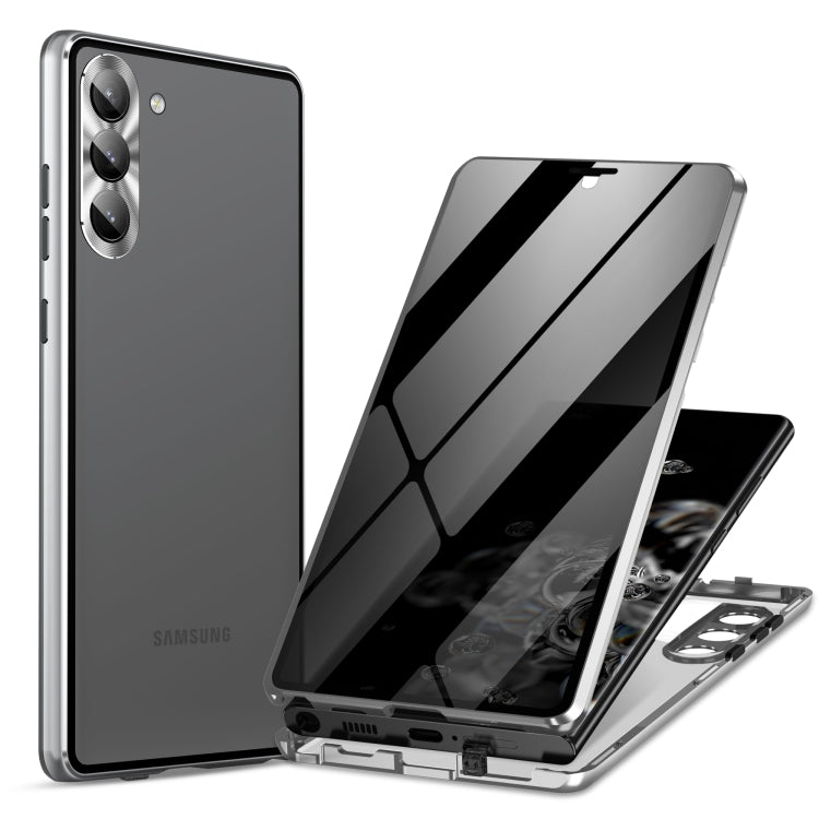 For Samsung Galaxy S23 5G Privacy Full Cover Magnetic Metal Tempered Glass Phone Case(Silver) - Galaxy S23 5G Cases by buy2fix | Online Shopping UK | buy2fix