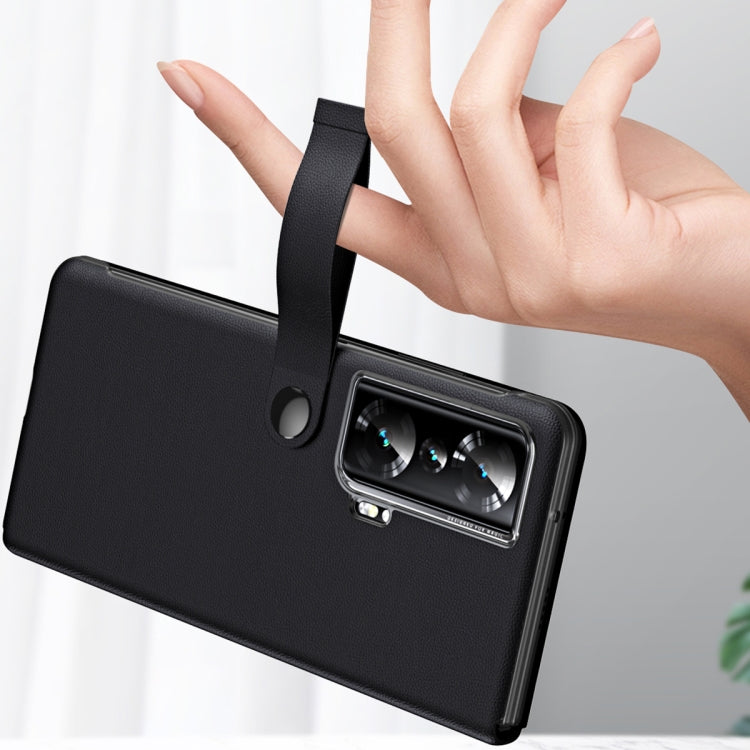 For Honor Magic Vs Side Window View Smart Litchi Pattern Leather Phone Case with Hand Strap(Orange) by buy2fix