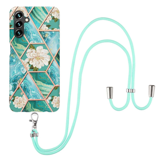 For Samsung Galaxy A34 5G Electroplating Splicing Marble Flower IMD TPU Phone Case with Lanyard(Blue Flower) by buy2fix