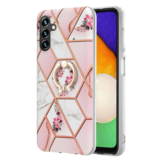 For Samsung Galaxy A54 5G Splicing Marble Flower IMD TPU Phone Case with Ring Holder(Pink Flower) by buy2fix