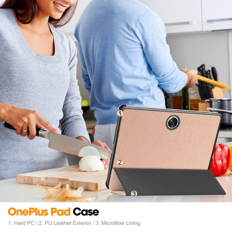 For OnePlus Pad Custer Pure Color 3-Fold Holder Smart Leather Tablet Case(Rose Gold) by buy2fix