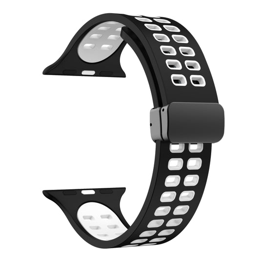 Magnetic Fold Clasp Square Holes Silicone Watch Band For Apple Watch Ultra 49mm&Watch Ultra 2 49mm / Series 9&8&7 45mm / SE 3&SE 2&6&SE&5&4 44mm / 3&2&1 42mm(Black White) by buy2fix
