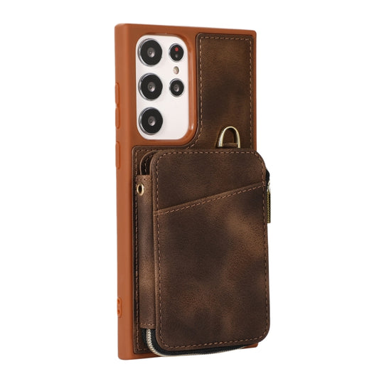 For Samsung Galaxy S22 Ultra 5G Zipper Card Bag Back Cover Phone Case(Brown) by buy2fix