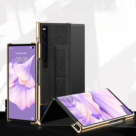 For Huawei Mate Xs 2 Electroplated Cross Pattern Leather All-inclusive Phone Case with Stand(Sapphire Blue Gold) by buy2fix