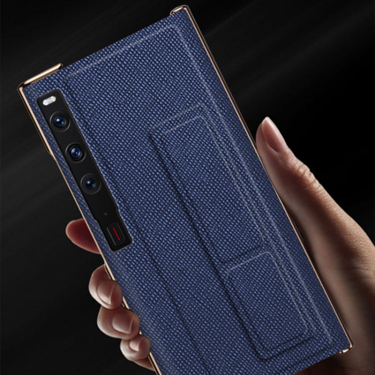 For Huawei Mate Xs 2 Electroplated Cross Pattern Leather All-inclusive Phone Case with Stand(Sapphire Blue Gold) by buy2fix