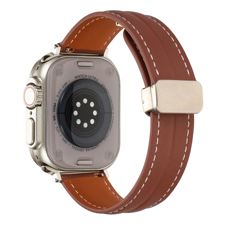 Folding Buckle Grooved Genuine Leather Watch Band For Apple Watch Ultra 49mm / Series 8&7 45mm / SE 2&6&SE&5&4 44mm / 3&2&1 42mm(Brown) - Watch Bands by buy2fix | Online Shopping UK | buy2fix