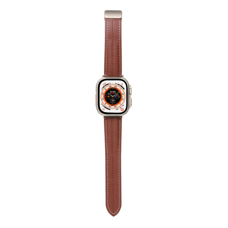 Folding Buckle Grooved Genuine Leather Watch Band For Apple Watch Ultra 49mm / Series 8&7 45mm / SE 2&6&SE&5&4 44mm / 3&2&1 42mm(Brown) - Watch Bands by buy2fix | Online Shopping UK | buy2fix