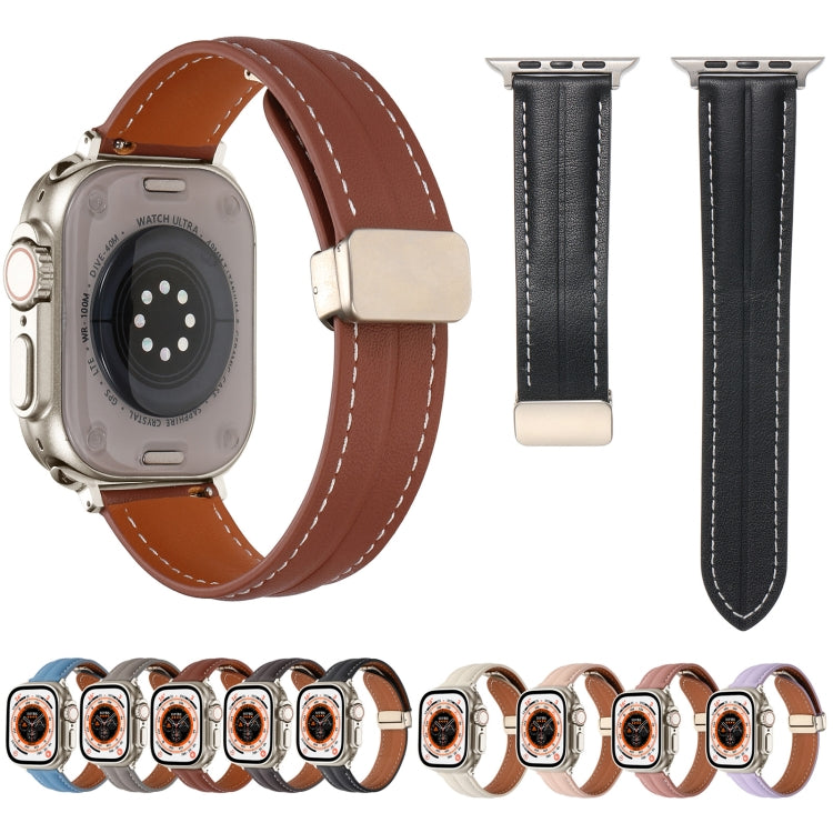 Folding Buckle Grooved Genuine Leather Watch Band For Apple Watch Ultra 49mm / Series 8&7 45mm / SE 2&6&SE&5&4 44mm / 3&2&1 42mm(Brown) - Watch Bands by buy2fix | Online Shopping UK | buy2fix