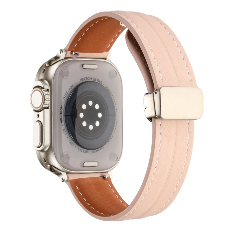 Folding Buckle Grooved Genuine Leather Watch Band For Apple Watch Series 8&7 41mm / SE 2&6&SE&5&4 40mm / 3&2&1 38mm(Light Pink) - Watch Bands by buy2fix | Online Shopping UK | buy2fix