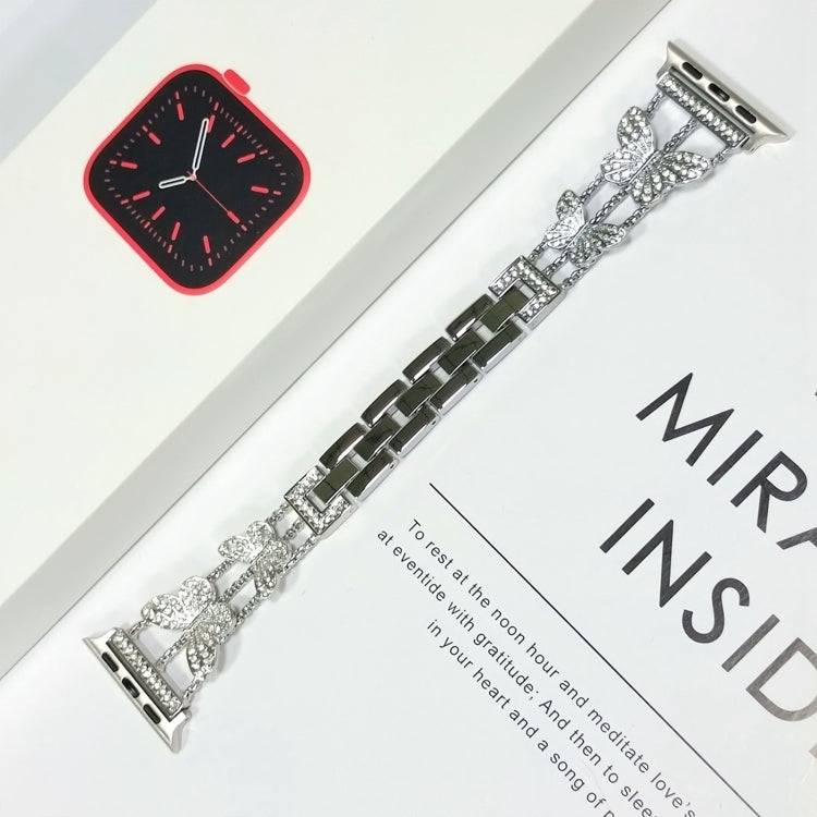 Butterfly Metal Diamond Watch Band For Apple Watch Series 9&8&7 41mm / SE 3&SE 2&6&SE&5&4 40mm / 3&2&1 38mm(Silver) - Watch Bands by buy2fix | Online Shopping UK | buy2fix
