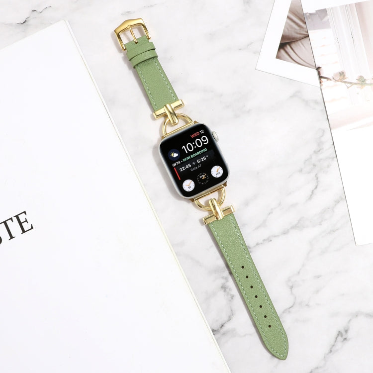 For Apple Watch Ultra 49mm&Watch Ultra 2 49mm / Series 9&8&7 45mm / SE 3&SE 2&6&SE&5&4 44mm / 3&2&1 42mm D-Buckle Plain Genuine Leather Watch Band(Green) - Watch Bands by buy2fix | Online Shopping UK | buy2fix