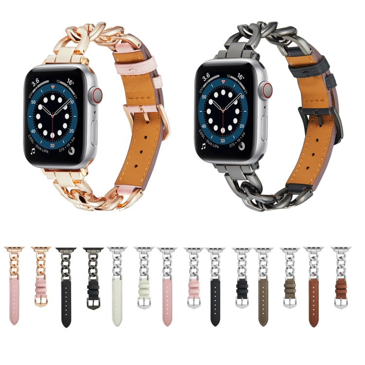 Chain + Leather Watch Band For Apple Watch Ultra 49mm&Watch Ultra 2 49mm / Series 9&8&7 45mm / SE 3&SE 2&6&SE&5&4 44mm / 3&2&1 42mm (Black+Black) by buy2fix