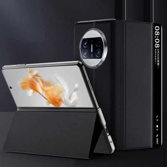 For Huawei Mate X3 Plain Magnetic Phone Case with Smart View Window & Holder(Black) by buy2fix