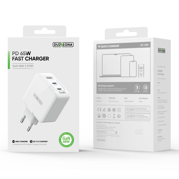 DUZZONA T9 65W Dual USB-C / Type-C+USB GaN Fast Charger, Specification:EU Plug by DUZZONA