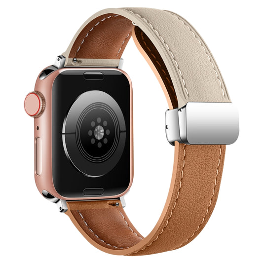 Folding Buckle Genuine Leather Watch Band For Apple Watch Series 9&8&7 41mm / SE 3&SE 2&6&SE&5&4 40mm / 3&2&1 38mm(White + Brown) by buy2fix
