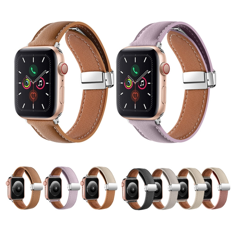 Folding Buckle Genuine Leather Watch Band For Apple Watch Series 9&8&7 41mm / SE 3&SE 2&6&SE&5&4 40mm / 3&2&1 38mm(White + Brown) by buy2fix